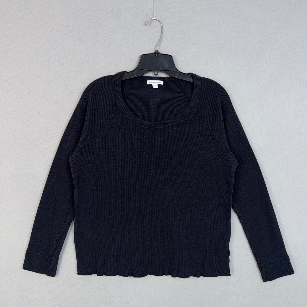 James Perse Top Womens 3 Black Waffle Knit Raglan Long Sleeve Casual Minimalist